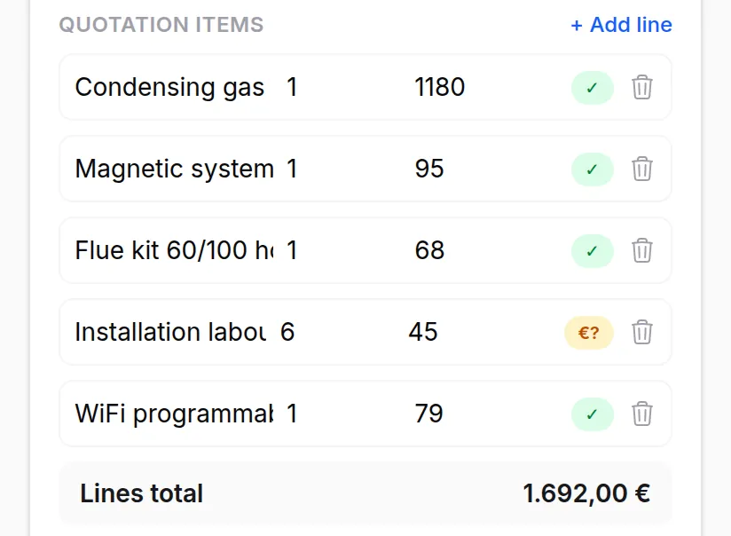 Voice-dictated quotation in iTER7: lines matched to the price list (condensing boiler, magnetic filter, flue kit, labour, WiFi thermostat) and a 1,692 euro total