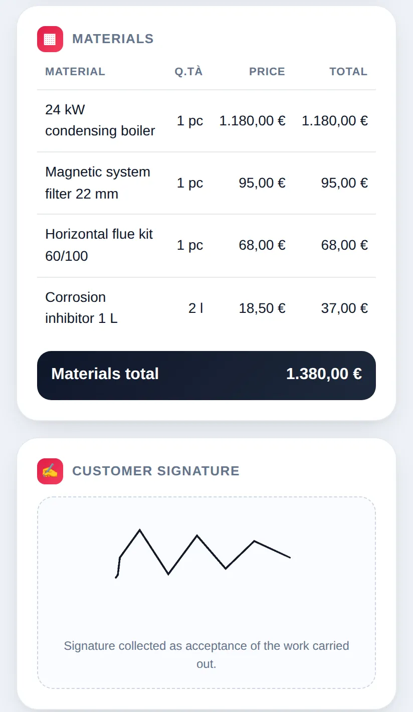 Customer work report with the materials used, the total and the signature collected on the phone